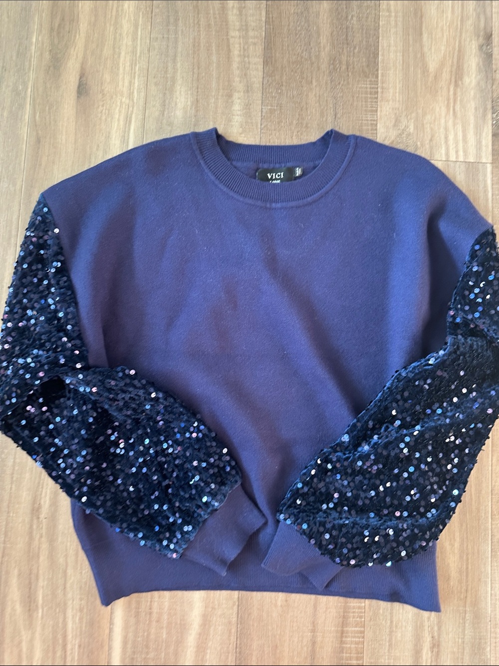 Vici Navy Blue Crewneck Sweater with Sequin Puff Sleeves